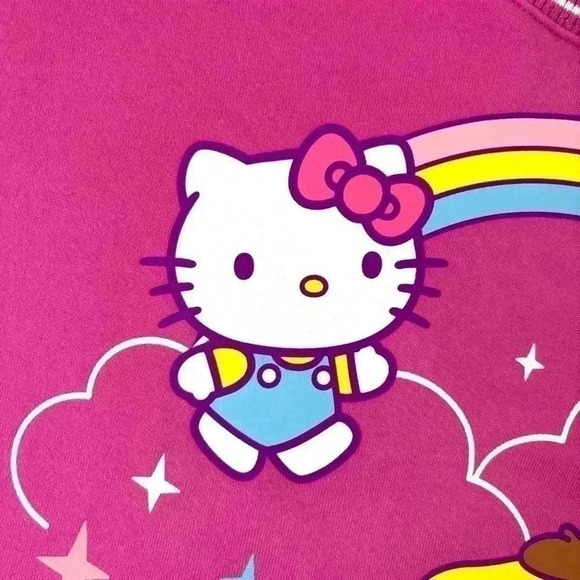 Hello Kitty Bright Pink W/ White Stripe Rayon Oversized Crew Neck Sweatshirt (M) - Picture 5 of 16